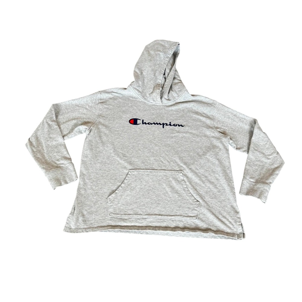 Champion Womens Heather Gray Script Logo Pullover Hoodie Sweatshirt Large